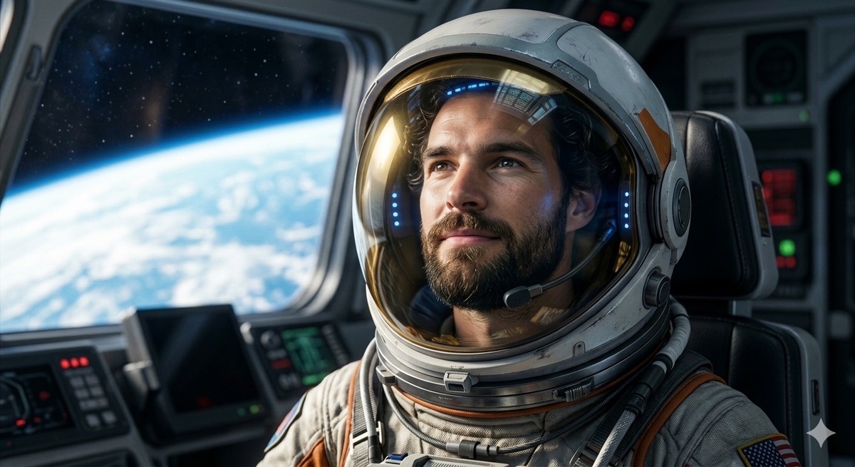 Space-themed portrait of Rui Vas in an astronaut helmet, looking toward Earth